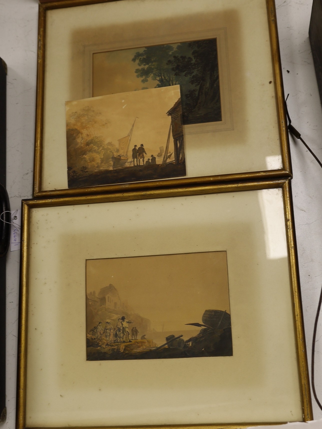 William Payne (1760-1830), three watercolours, harbour scenes, one inscribed and one unframed, largest 16 x 22cm (3)